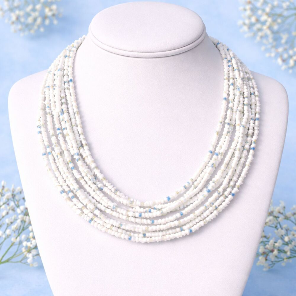 Vintage White Beaded Multi Strand Beaded Choker with Blue Accents